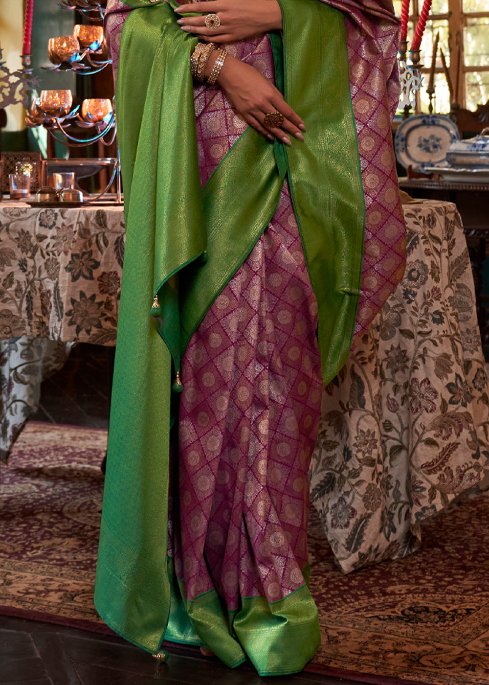 Rust Purple and Green Woven Kanjivaram Saree