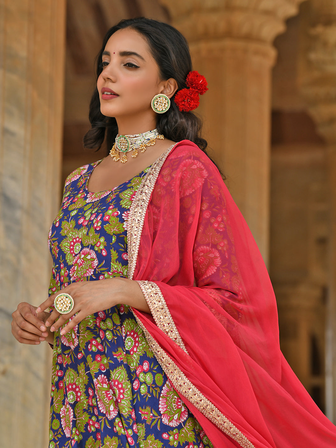 East Bay Blue Cotton Floral Block Salwar Suit