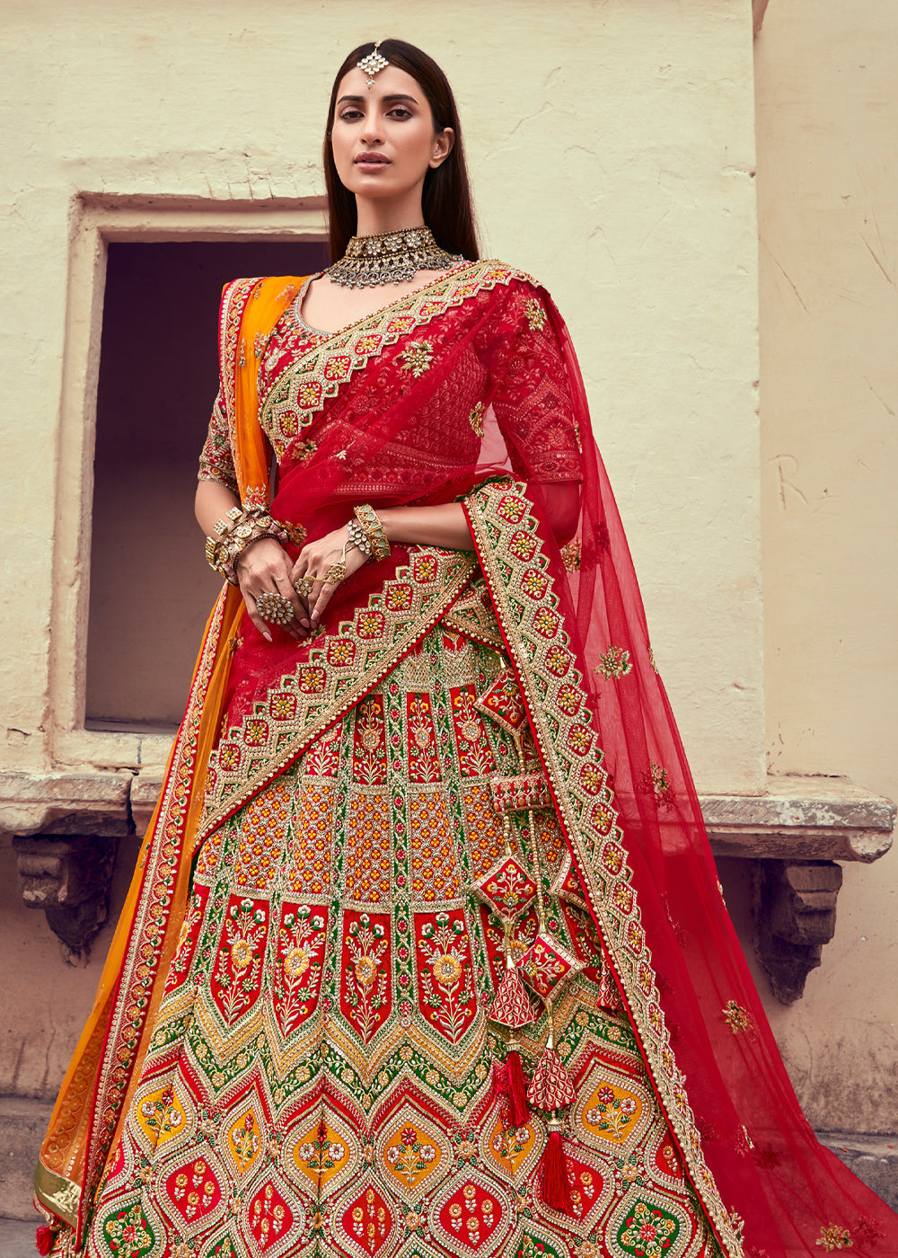 Tall Poppy Red and Orange Heavy Embroidered Designer Lehenga