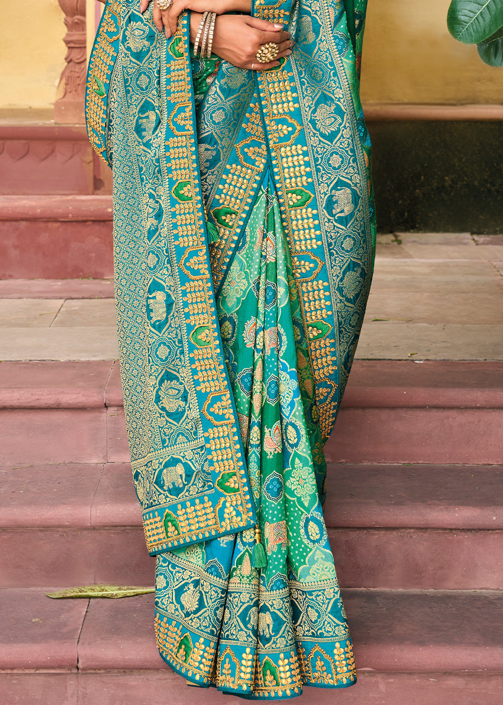 Acapulco Blue Green Embroidered Dola Silk Saree