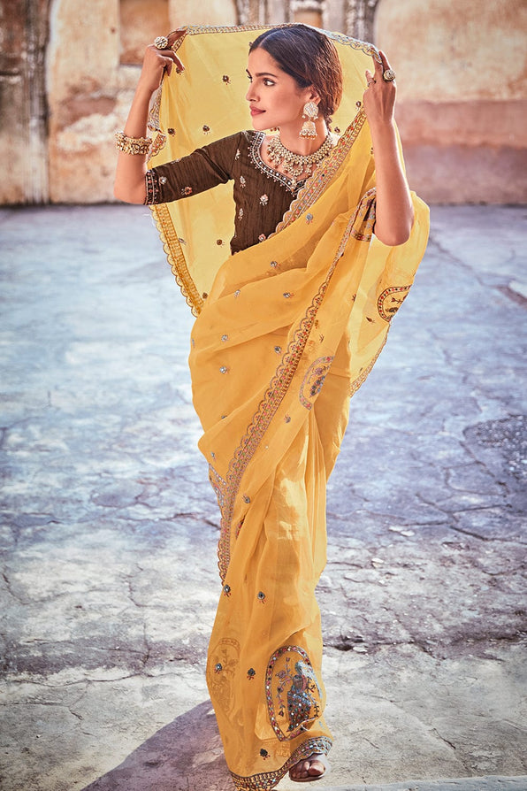 Porsche Yellow and Brown Organza Saree