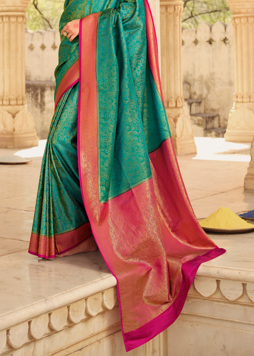 Emerald Blue & Pink Zari Woven Kanjivaram Saree