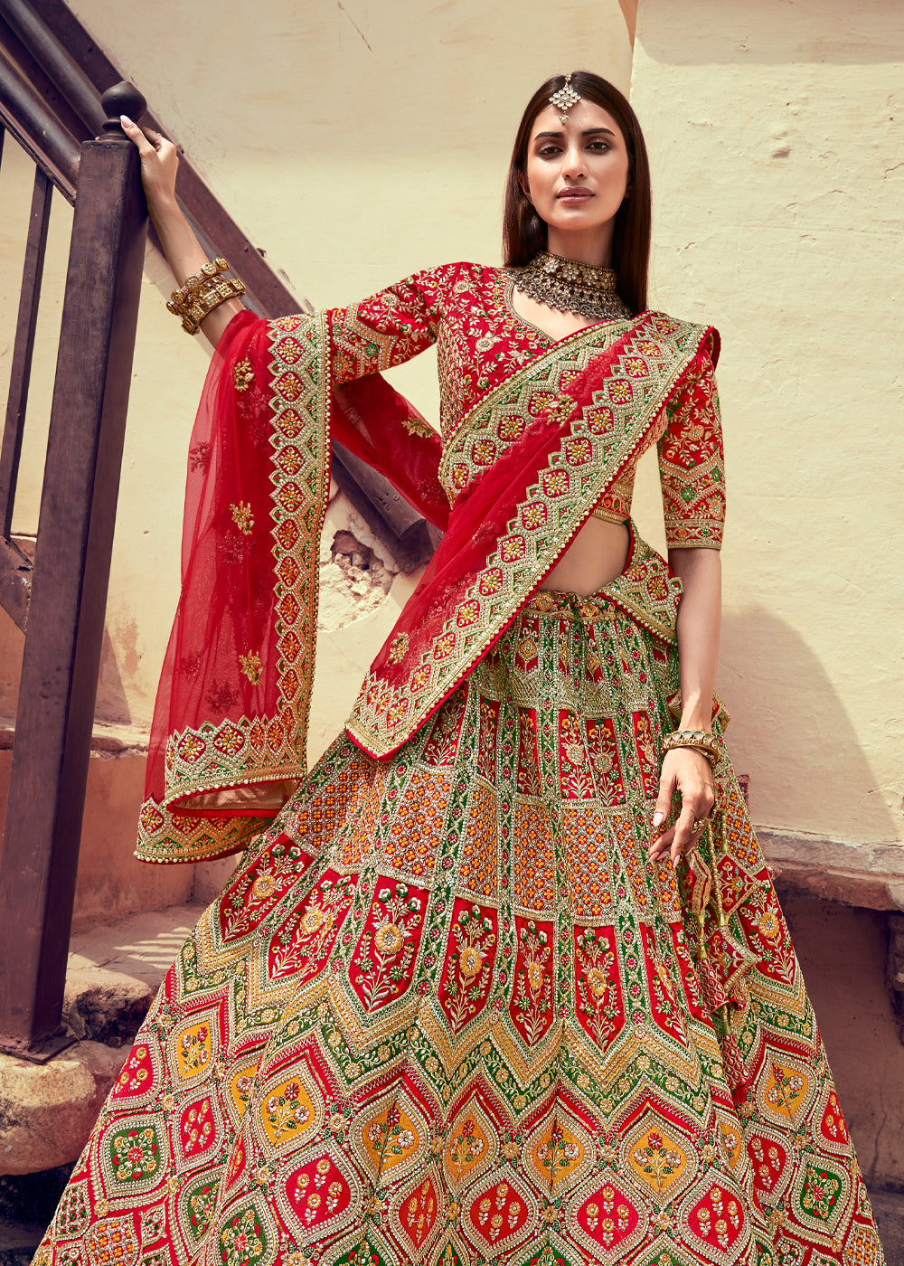 Tall Poppy Red and Orange Heavy Embroidered Designer Lehenga