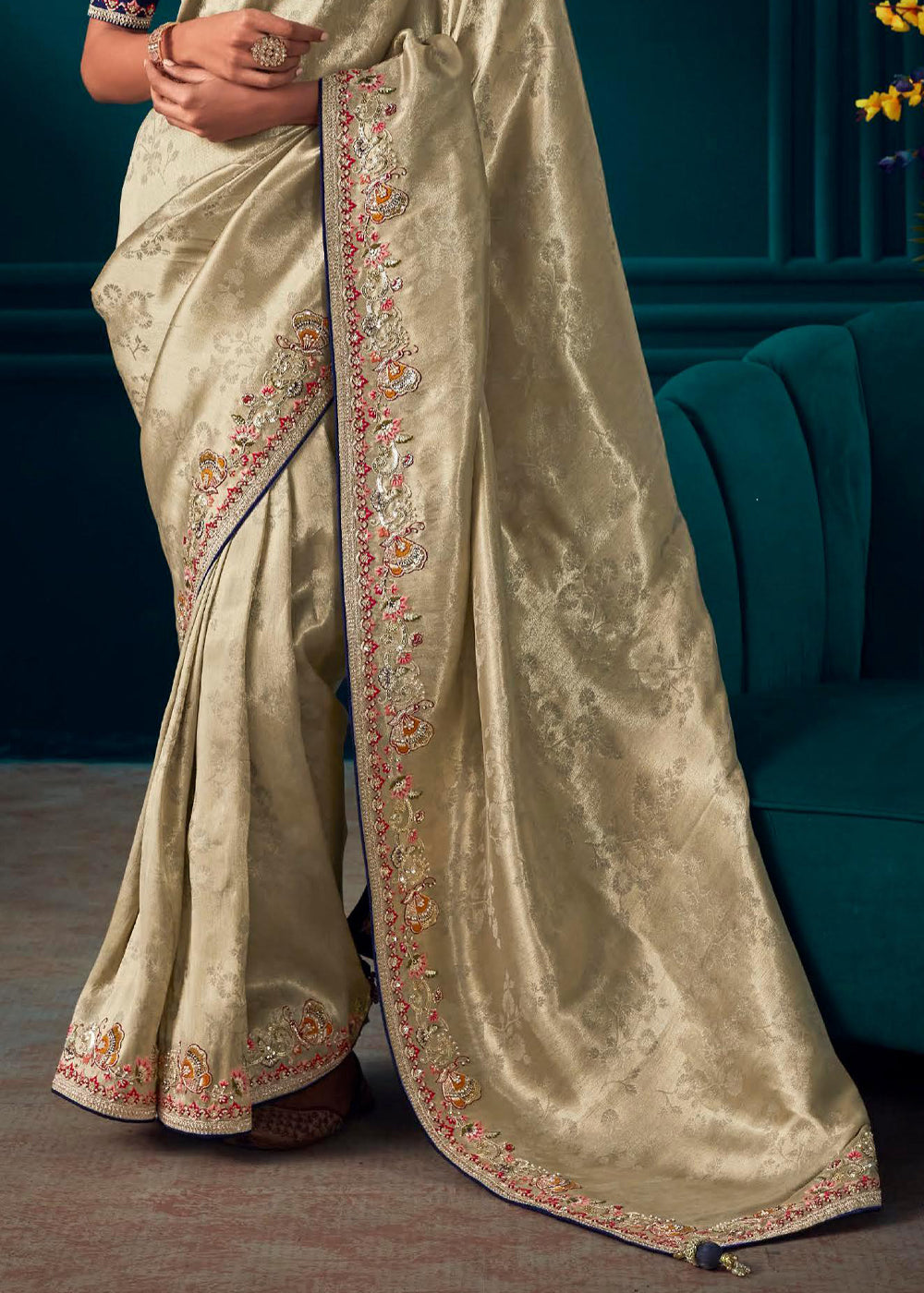 Hampton Cream Woven Embroidered Banarasi Silk Saree