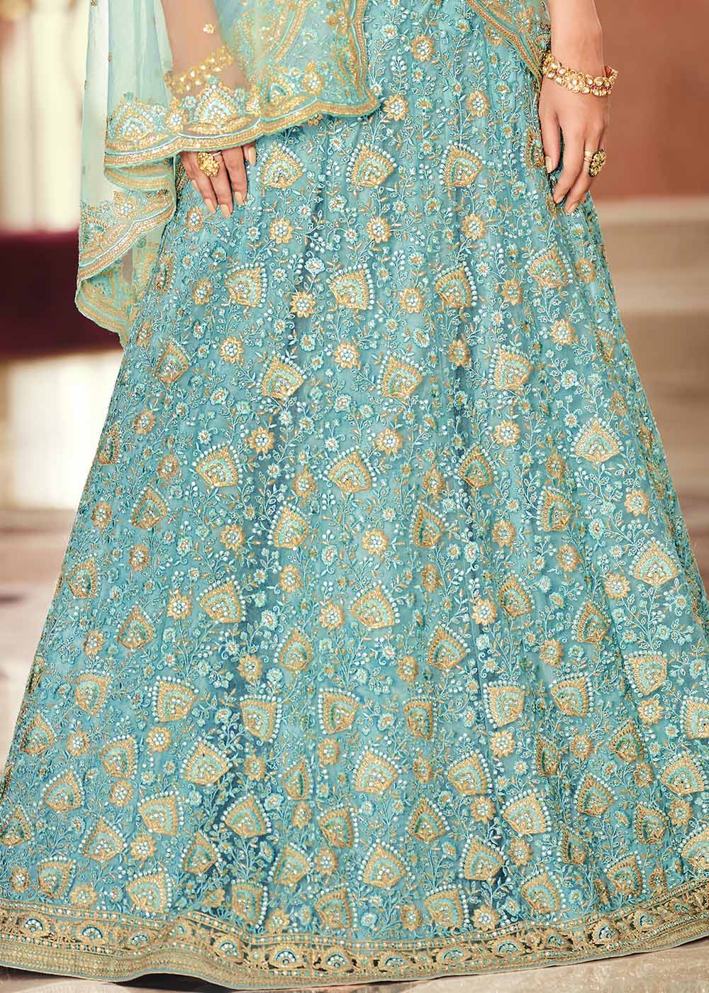 Gulf Stream Blue Net Designer Lehenga With Heavy Embroidered Work