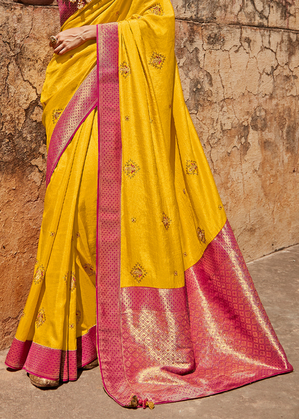 Fuel Yellow and Pink Zari Woven Designer Banarasi Saree