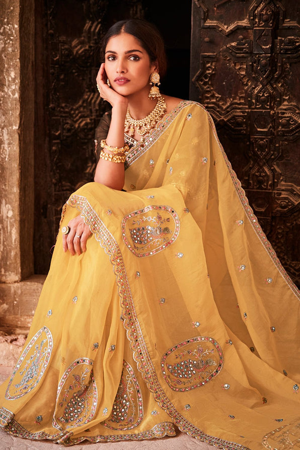 Porsche Yellow and Brown Organza Saree