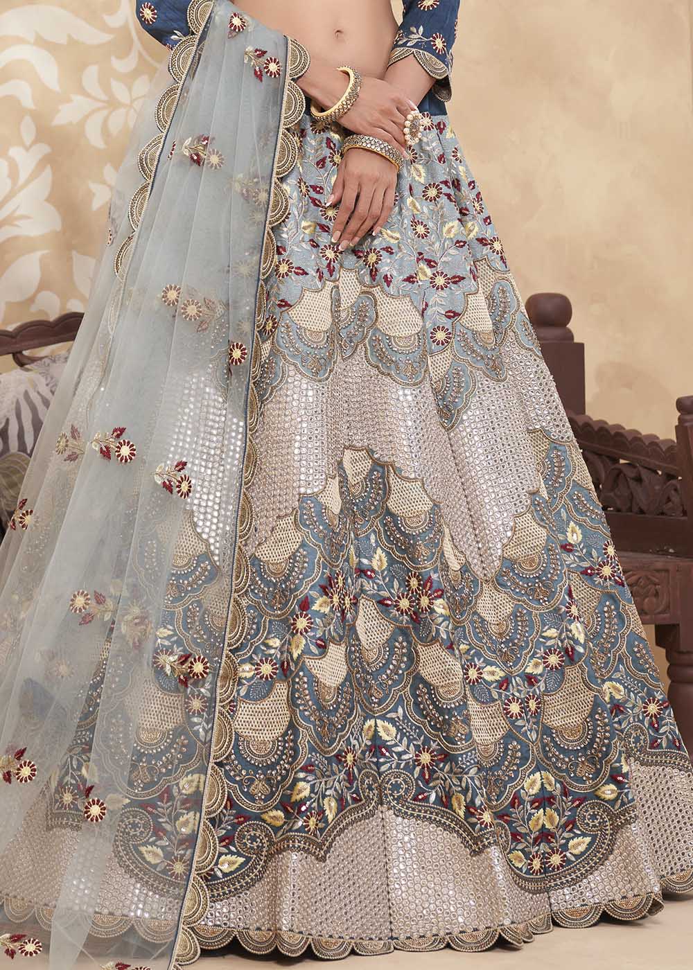 Fiord Blue and Grey Designer Net Lehenga with Multi Thread Embroidery Work