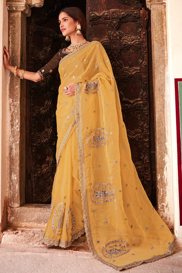 Porsche Yellow and Brown Organza Saree