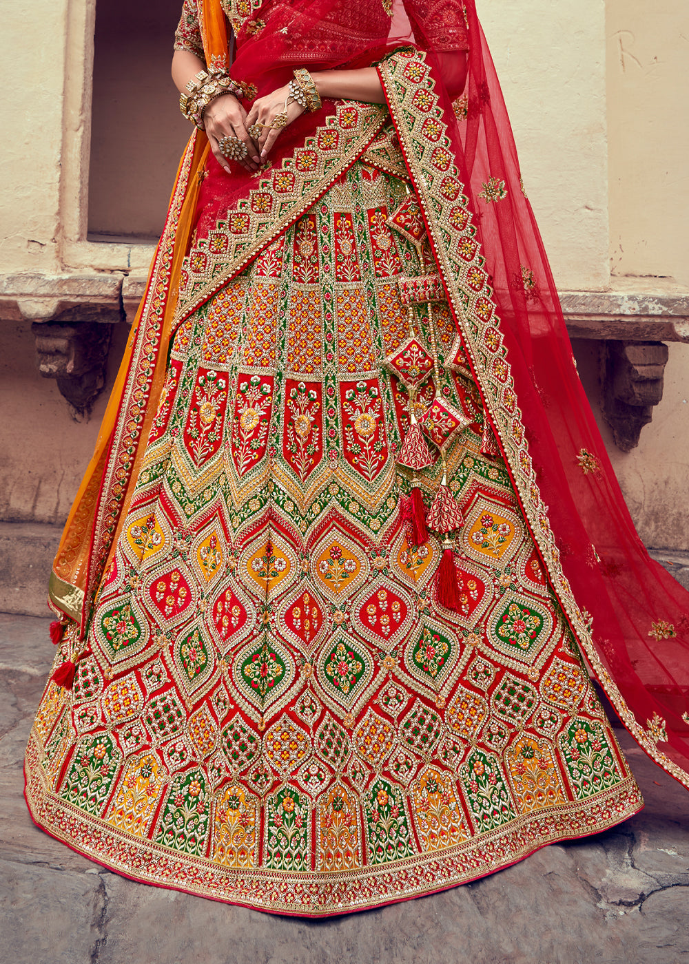 Tall Poppy Red and Orange Heavy Embroidered Designer Lehenga