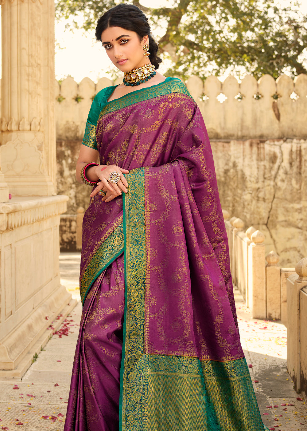 Cadillac Purple & Blue Zari Woven Kanjivaram Saree