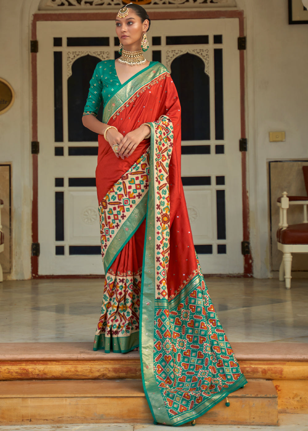 Jasper Red and Green Woven Patola Silk Saree