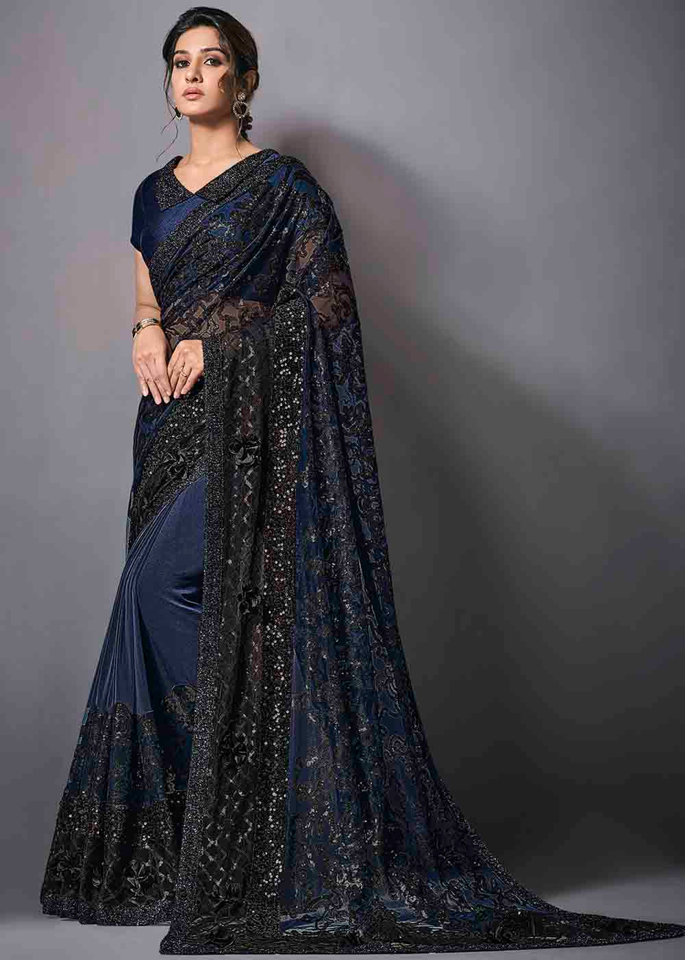 Ebony Blue Designer Lycra Saree with Embroidery Work