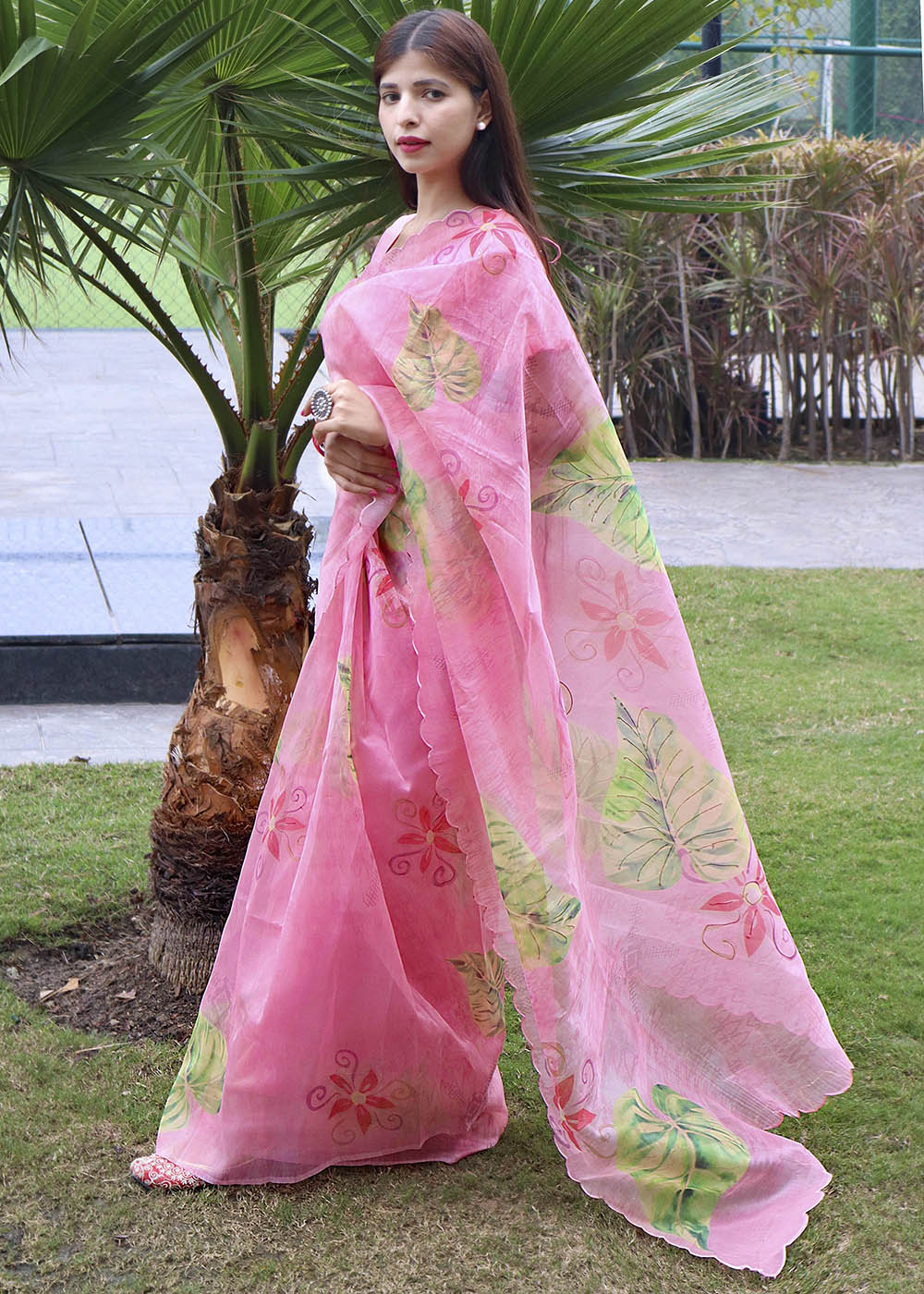 Bubble Gum Pink Digital Floral Print Organza Saree