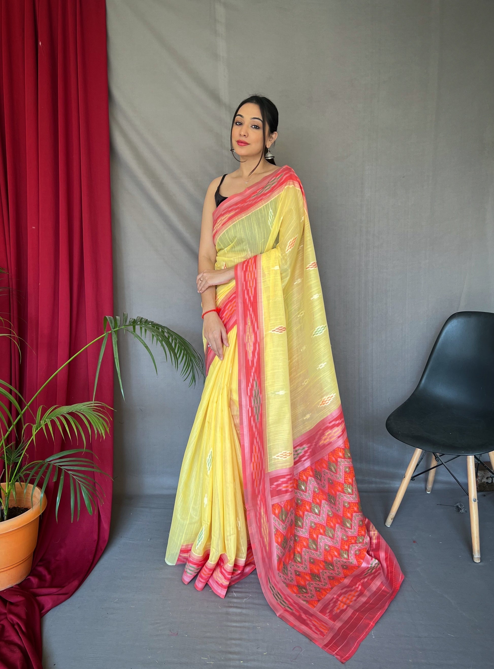 Sunset Pearl Ikat Woven Cotton Silk Saree