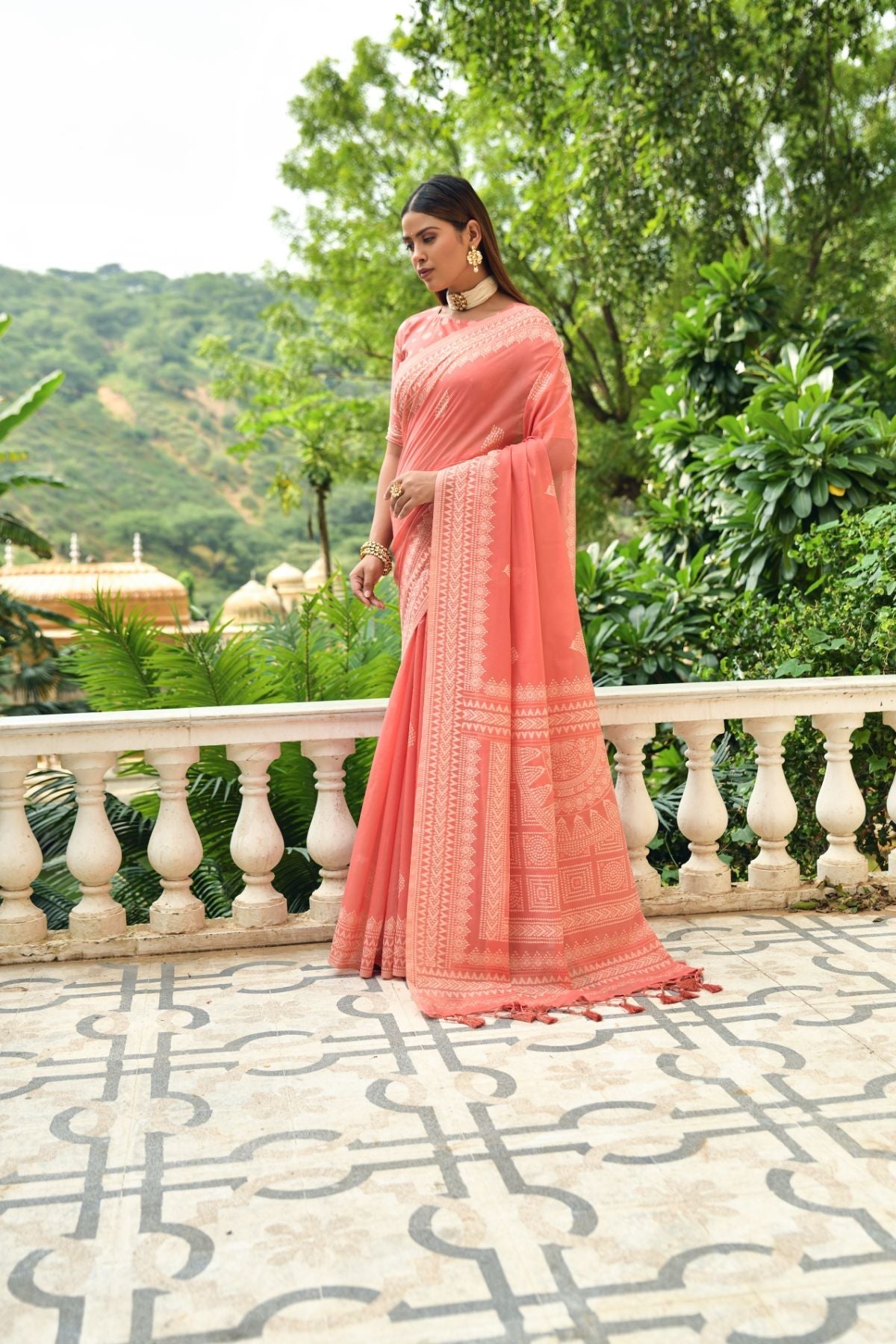 Tacao Peach Lucknowi Cotton Saree