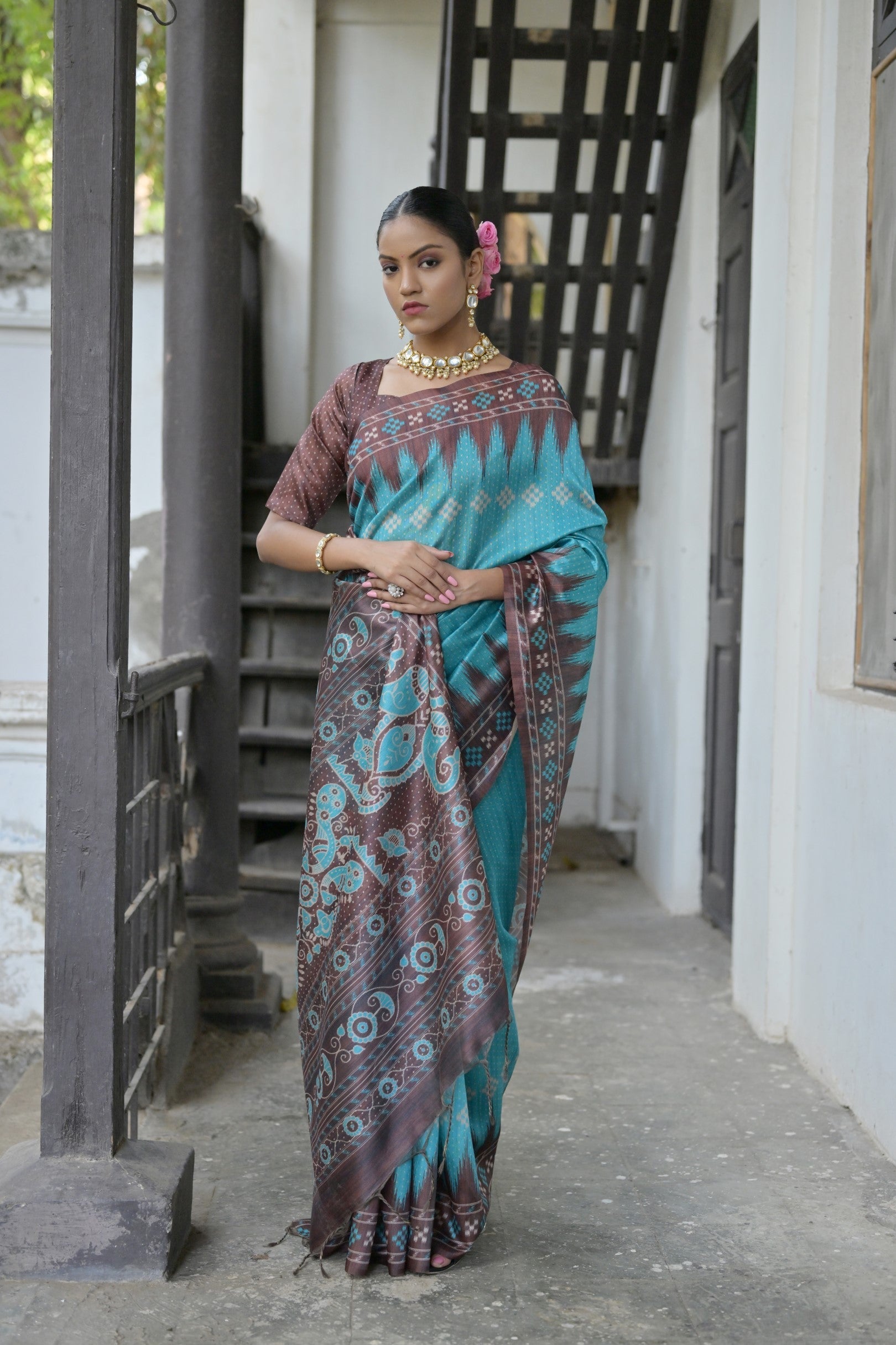 Tradewind Blue and Brown Printed Tussar Silk Saree