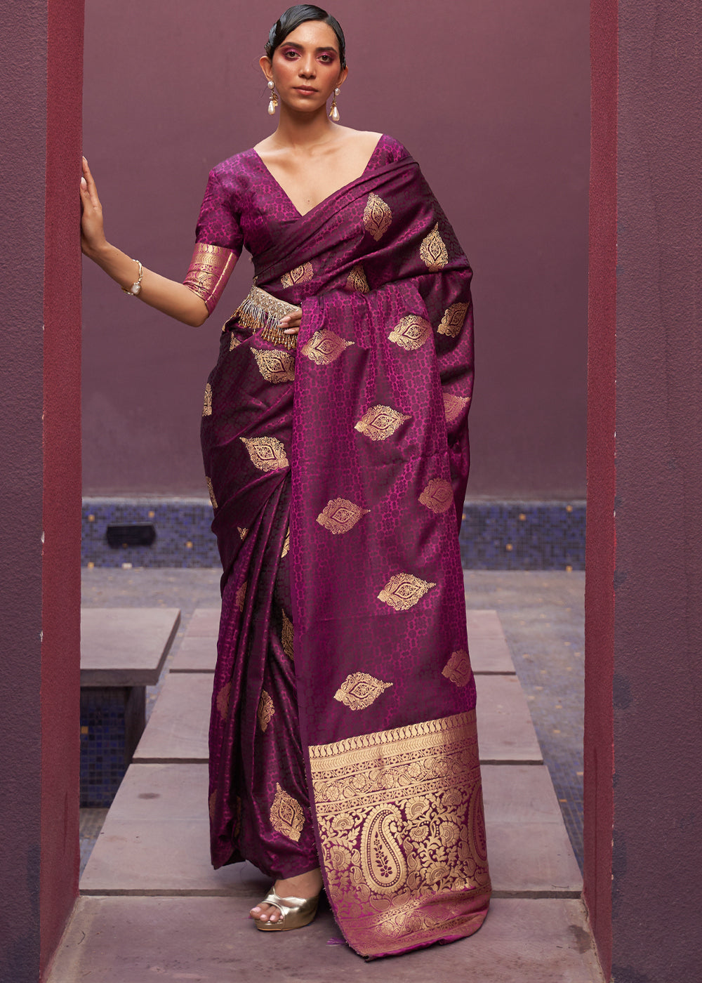 Camelot Purple Banarasi Woven Satin Silk Saree