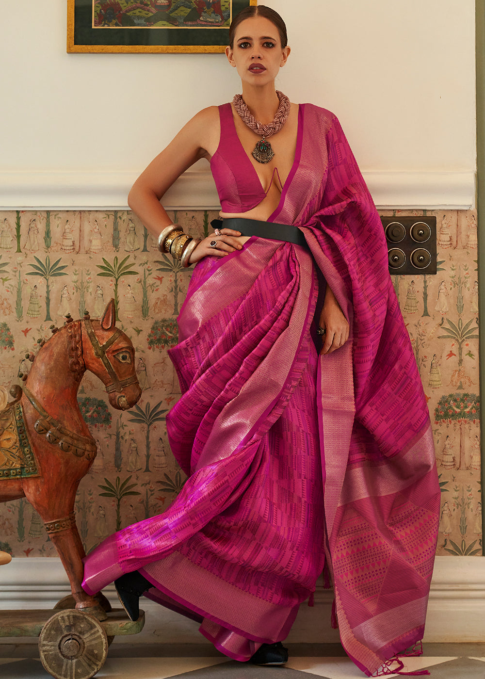 Blush Pink Handloom Organza Silk Saree by bollywood actress Kalki Koechlin