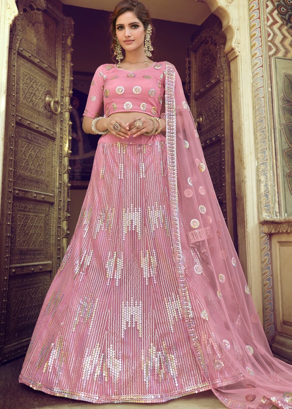 Sundown Pink Soft Net Designer Lehenga Choli