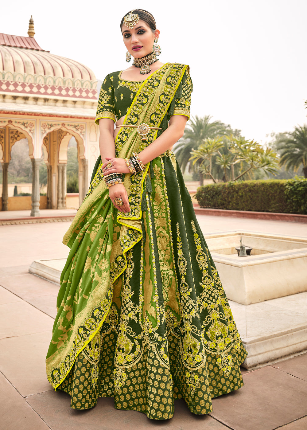 Pesto Green Heavy Embroidered Lehenga