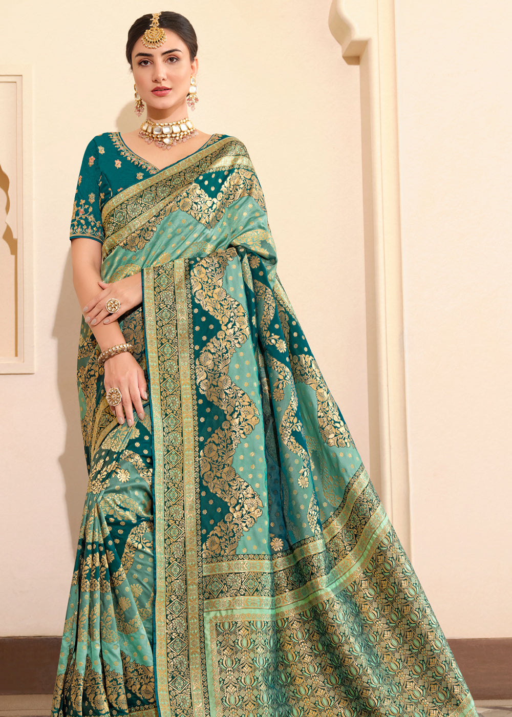 Patina Green and Blue Woven Designer Banarasi Silk Saree