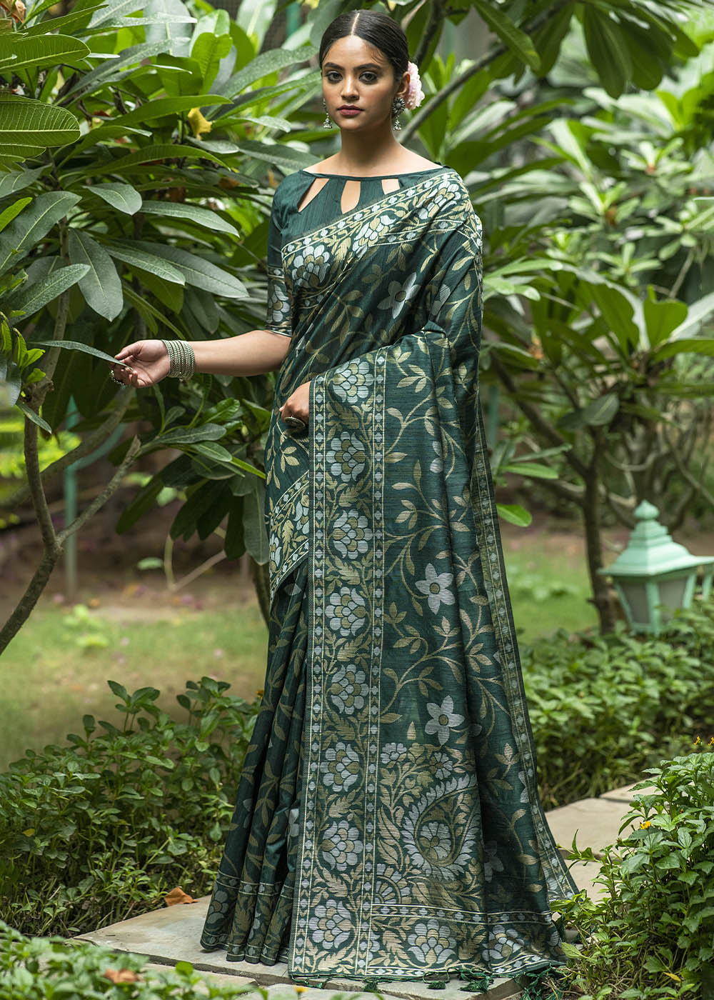 Asparagus Green Zari Woven Floral Tussar Saree