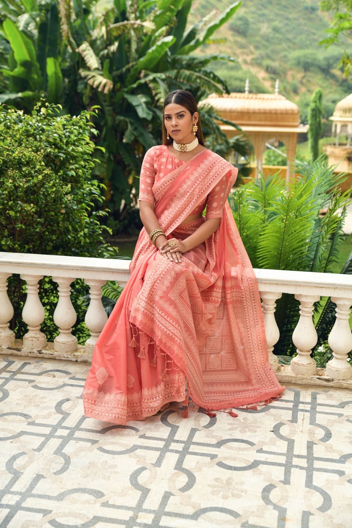 Tacao Peach Lucknowi Cotton Saree