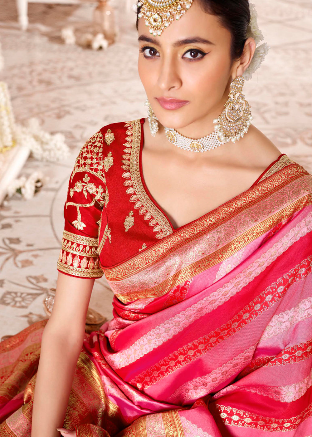 Carnation Pink and Red Zari Woven Banarasi Saree with Designer Blouse