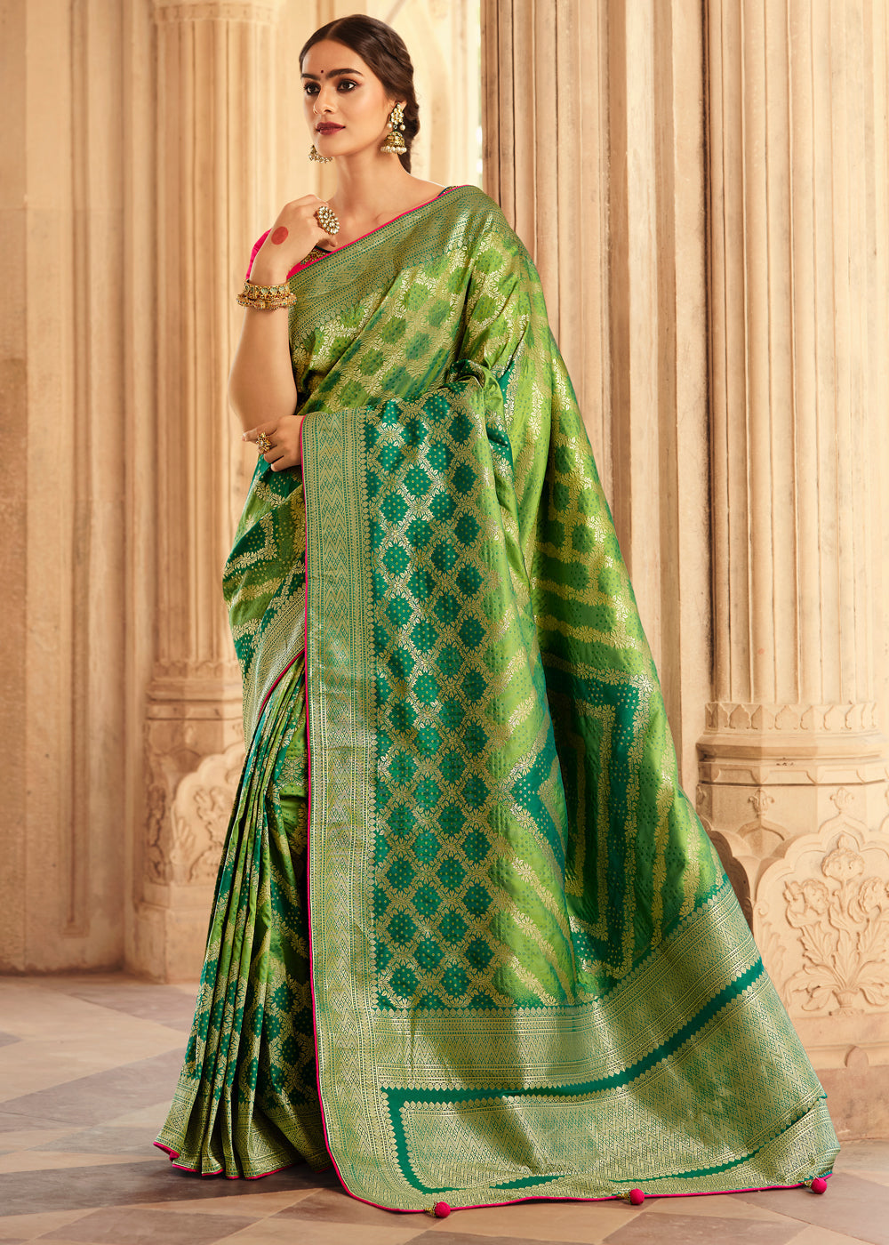 Olive Green and Pink Zari Woven Banarasi Saree with Designer Blouse