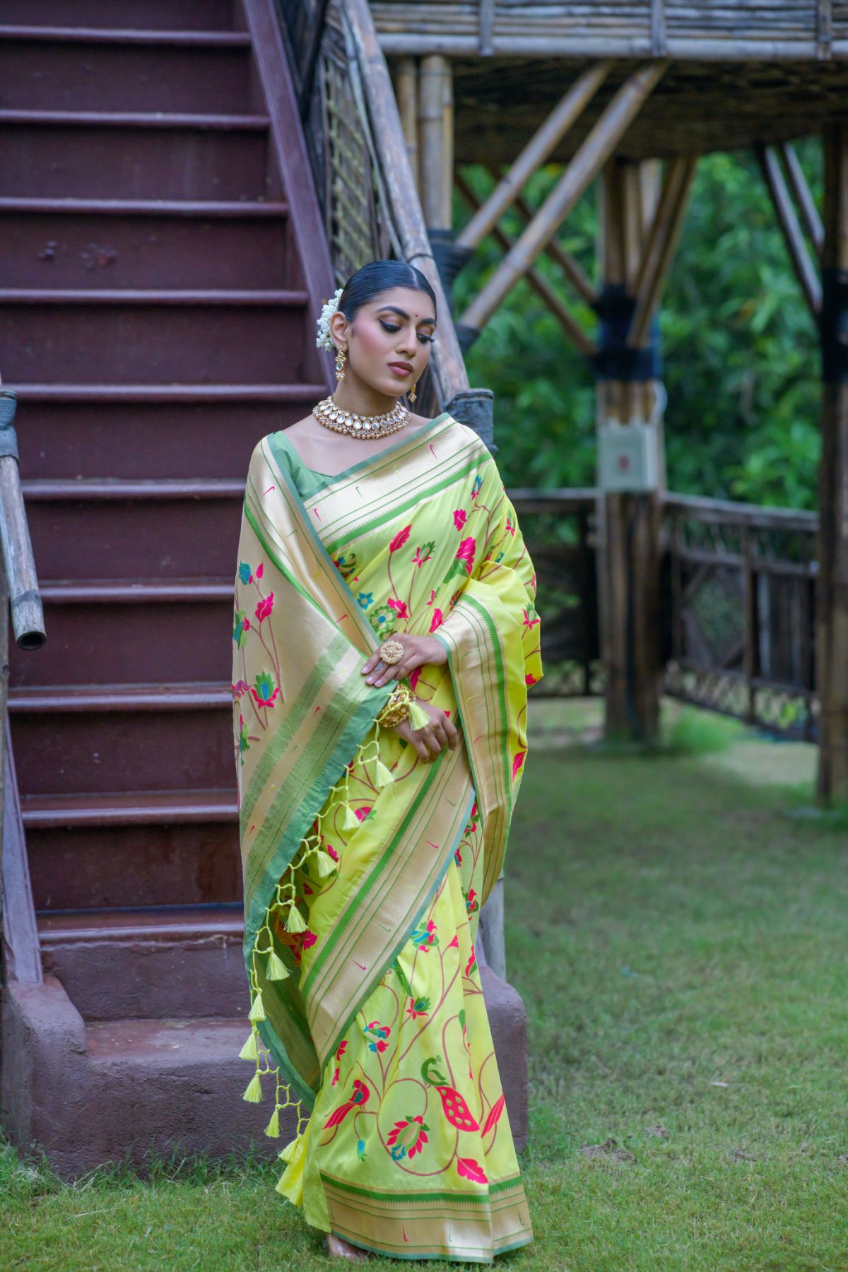 Misty Moss Green Banarasi Paithani Silk Saree