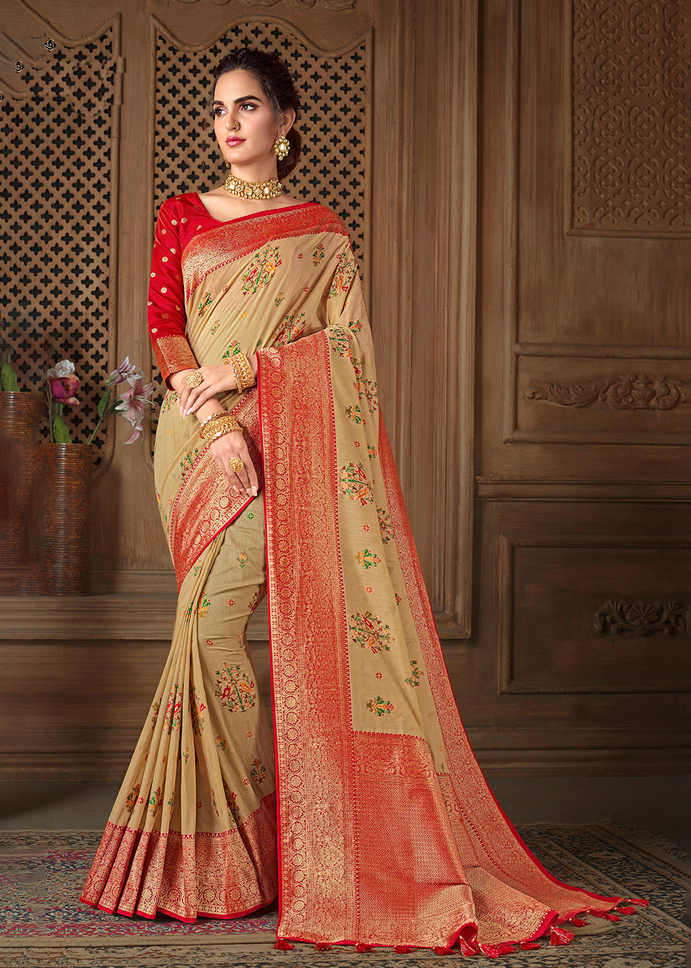 Teak Cream and Red Zari Woven Banarasi Saree