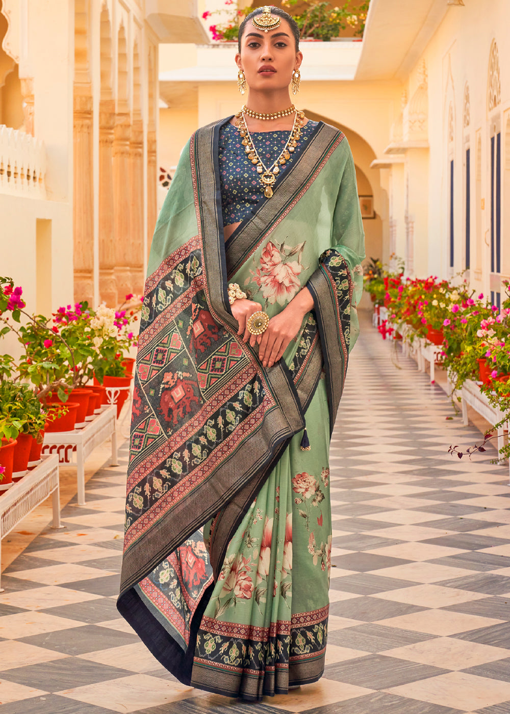 Sage Green Printed Chiffon Patola Silk Saree