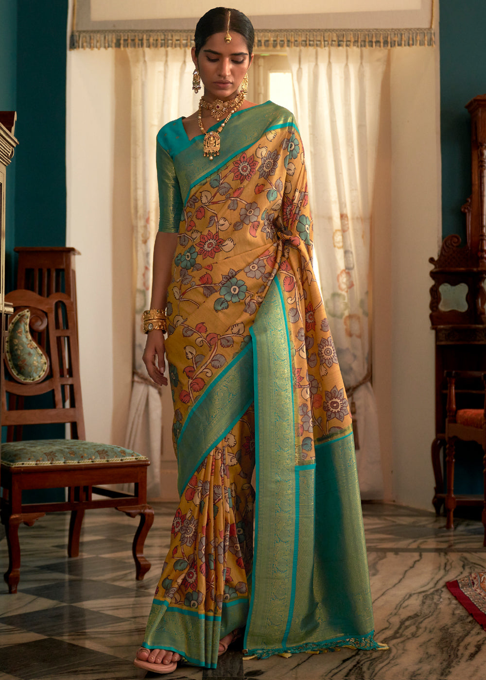 Brulee Yellow Woven Banarasi Tussar Silk Kalamkari Saree