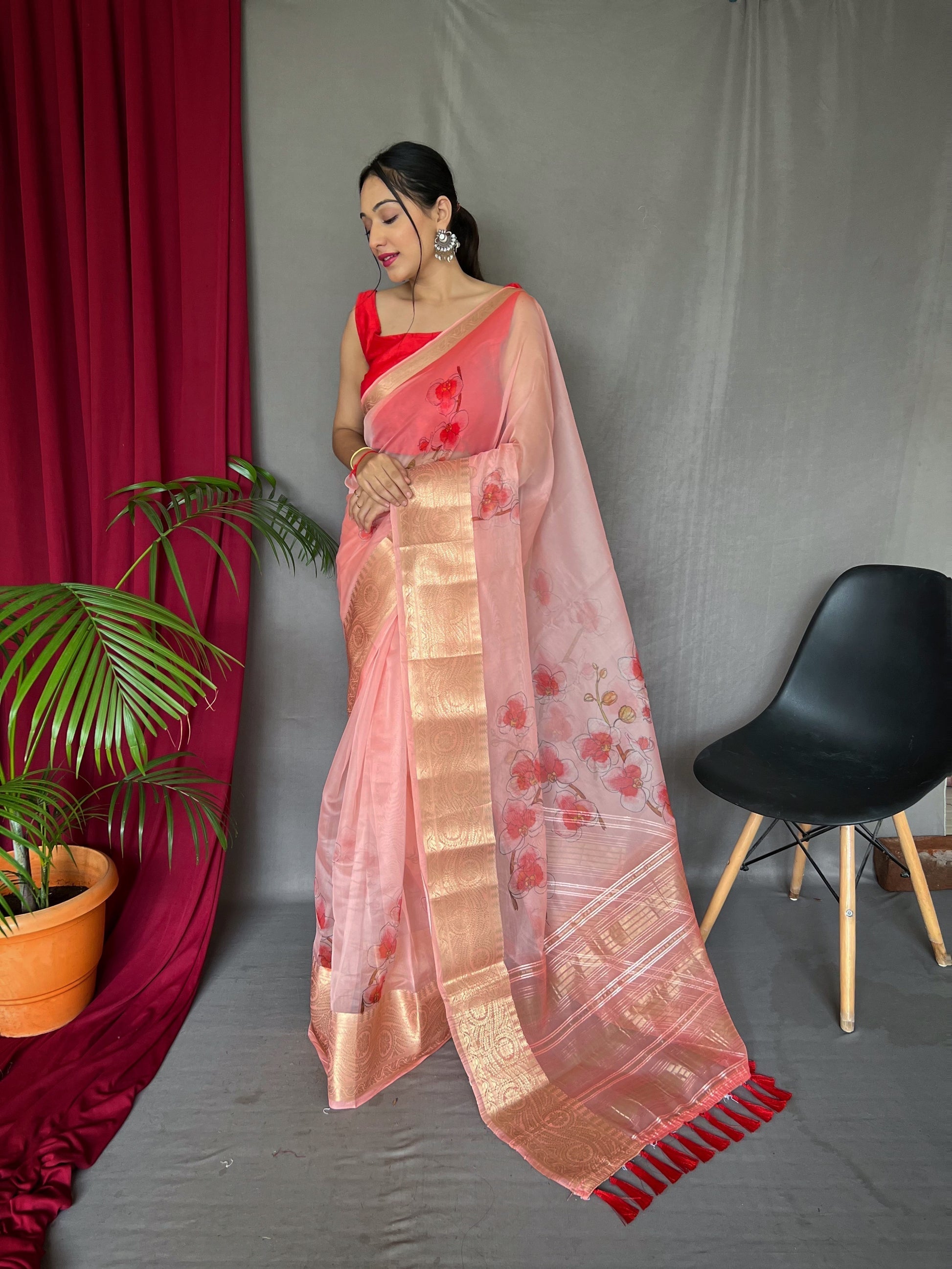 Froly Pink Organza Digital Floral Printed Saree