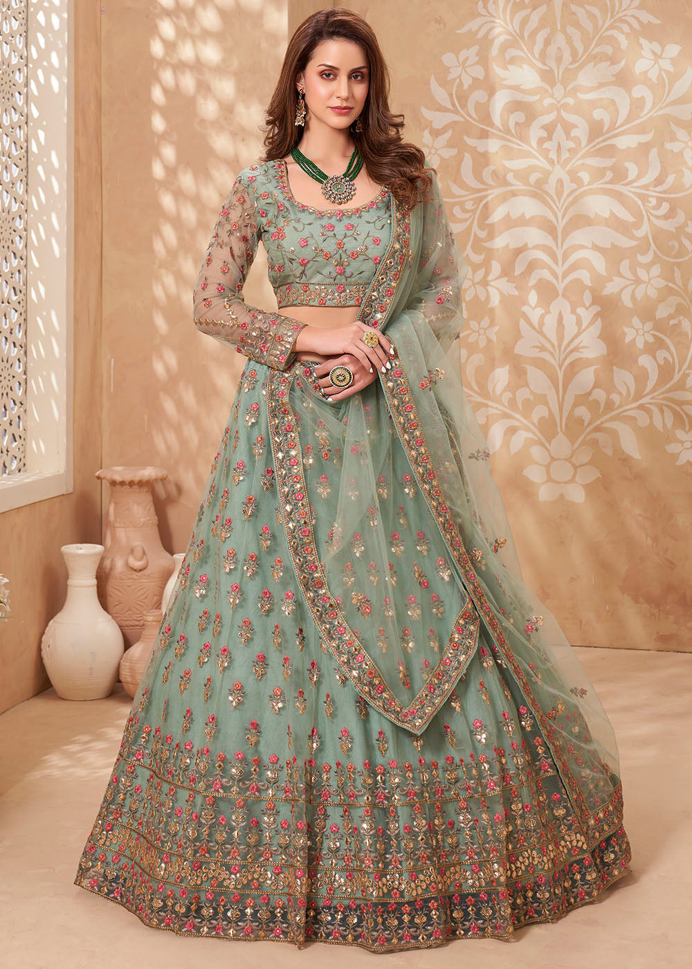 Envy Green Designer Net Lehenga with Multi Thread Embroidery Work