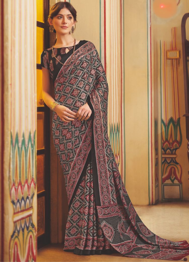 Mondo Black Ajrakh Printed Satin Crepe Saree