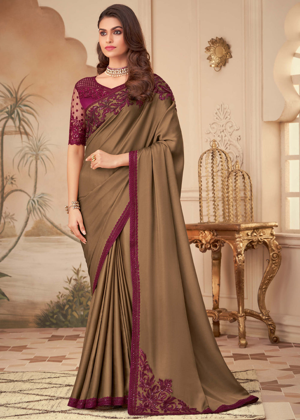 Dirt Brown Georgette Designer Saree with Embroidered Blouse