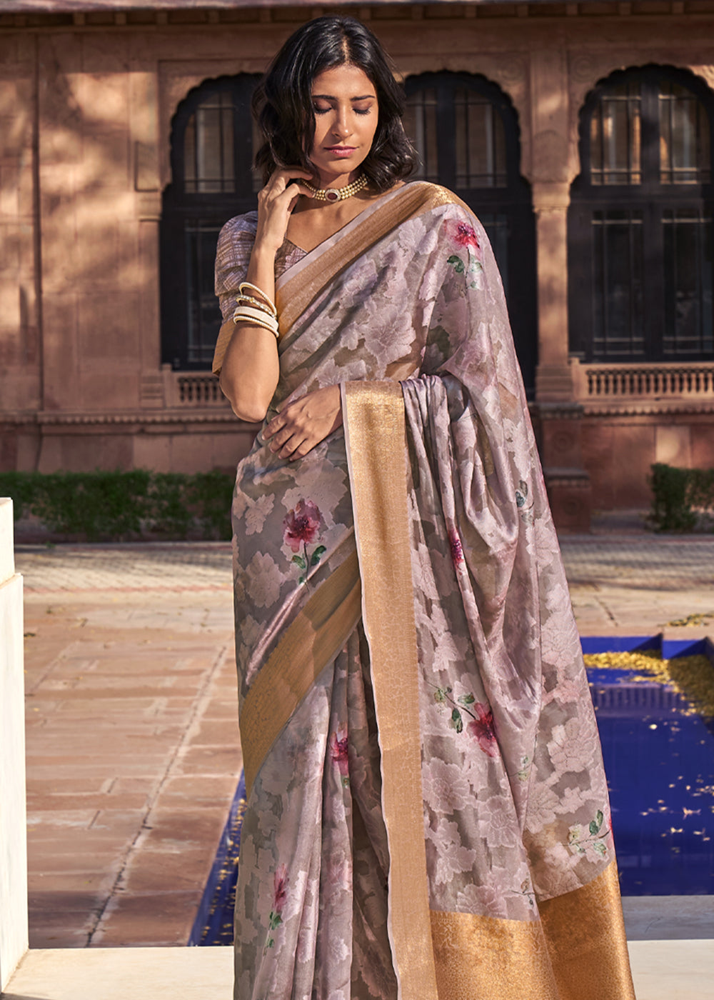 Del Rio Purple Digital Printed Banarasi Cotton Saree