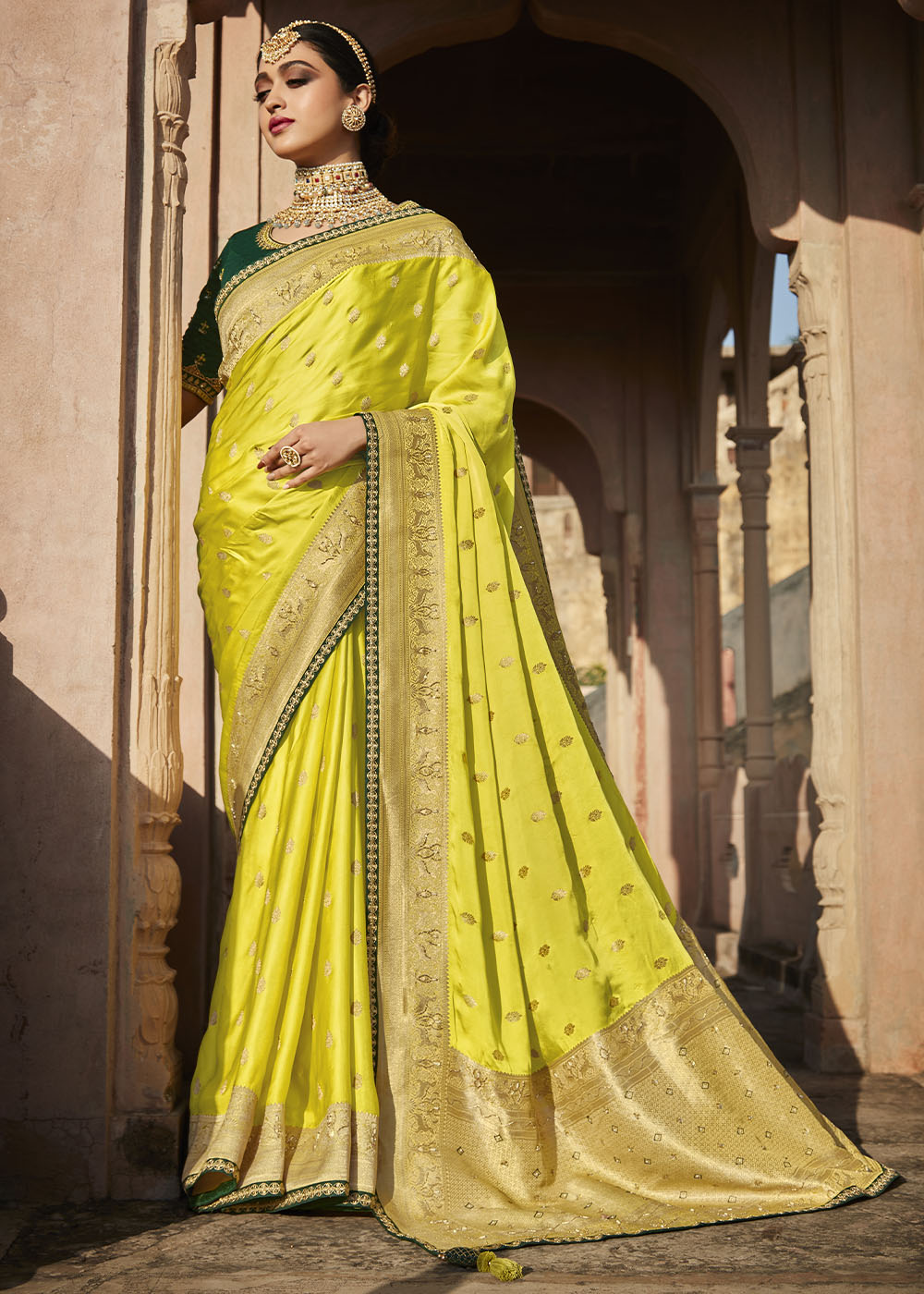 Sunflower Green Zari Woven Banarasi Silk Saree with Embroidered Blouse