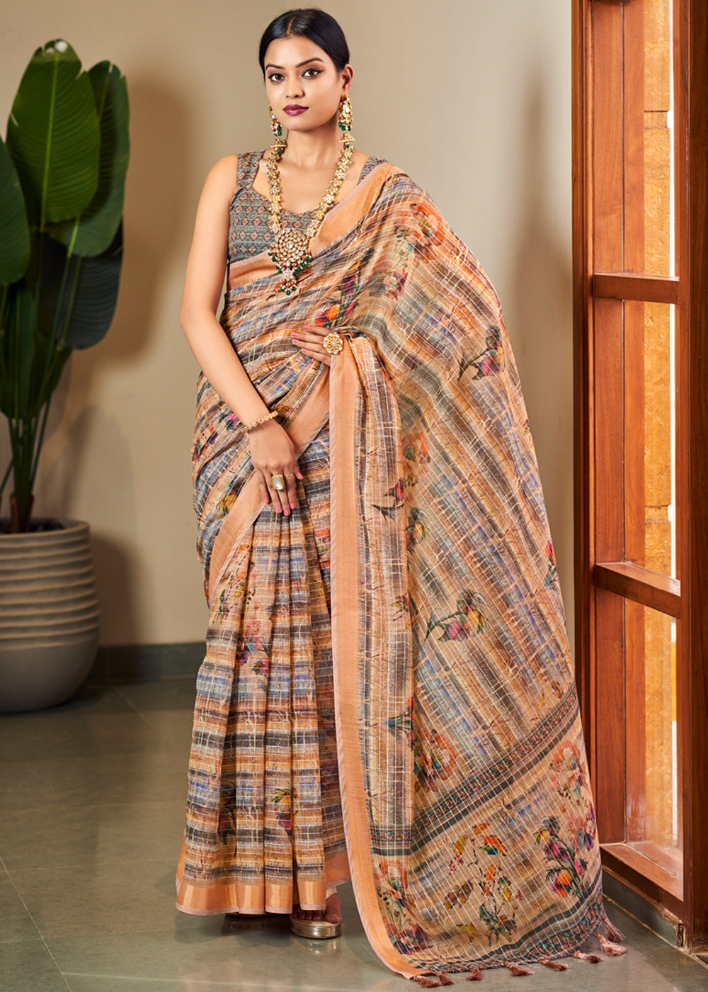 Caramel Brown Linen Saree with Digital Print