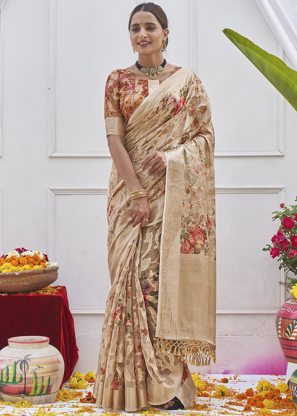 Sandrift Brown Digital Printed Organza Silk Saree