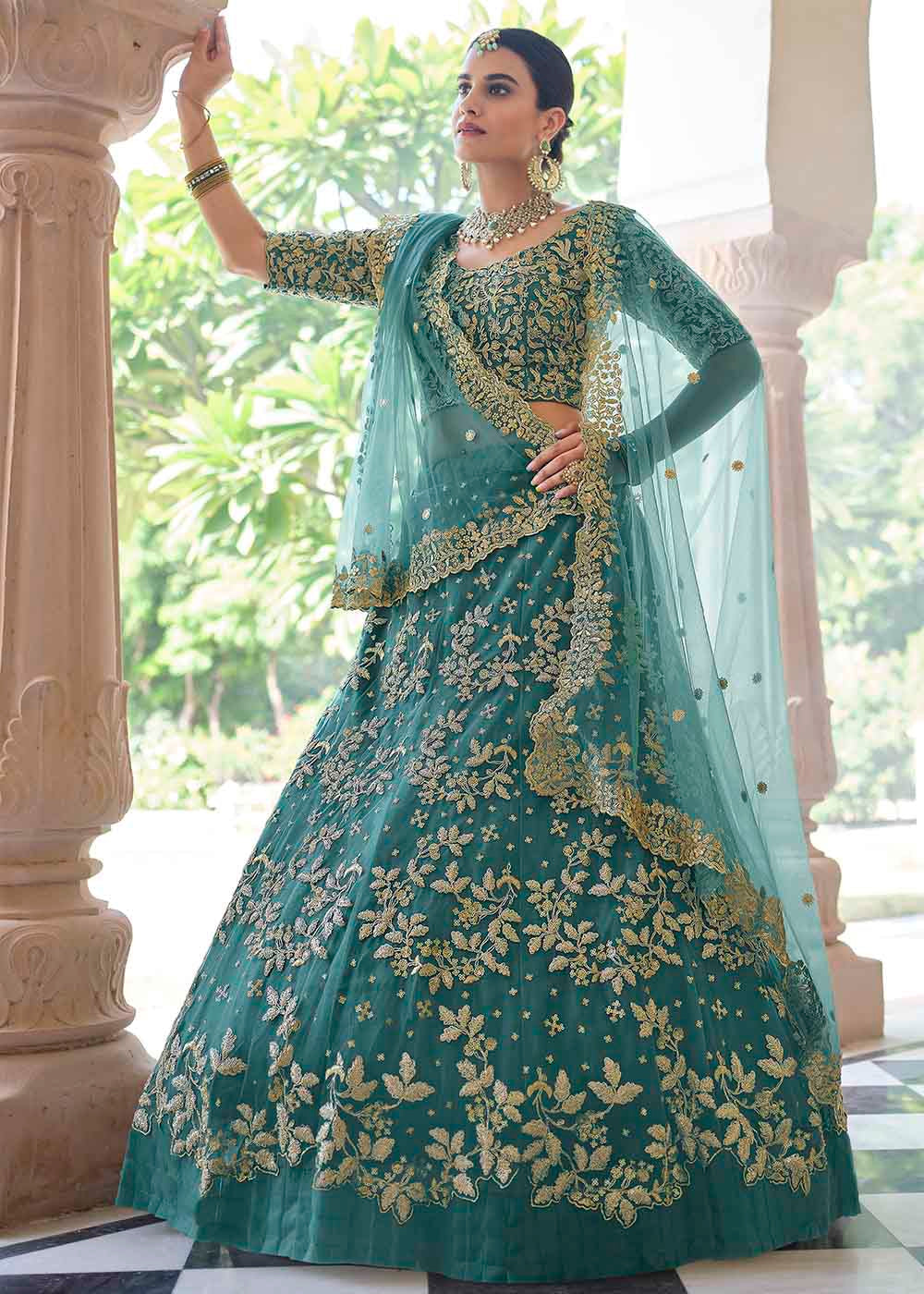 Plantation Green Soft Net Designer Lehenga Choli With Dori & Sequins Work