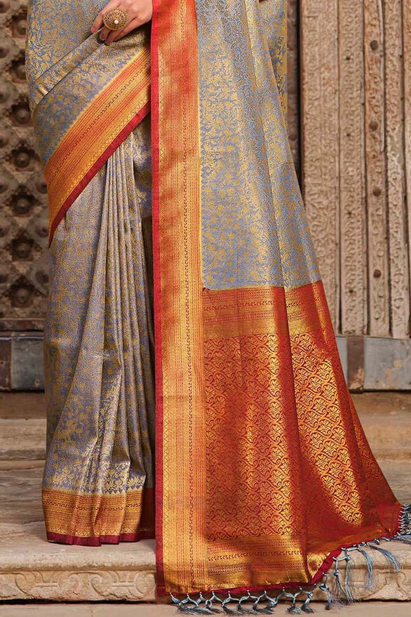 Bronco Grey and Orange Zari Woven Kanjivaram Saree