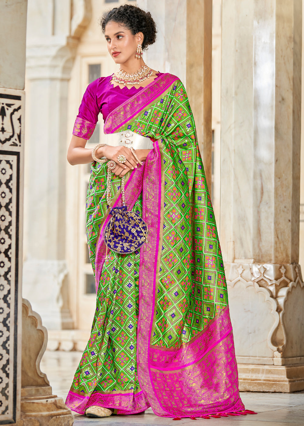 Sushi Green and Pink Zari Woven Patola Saree