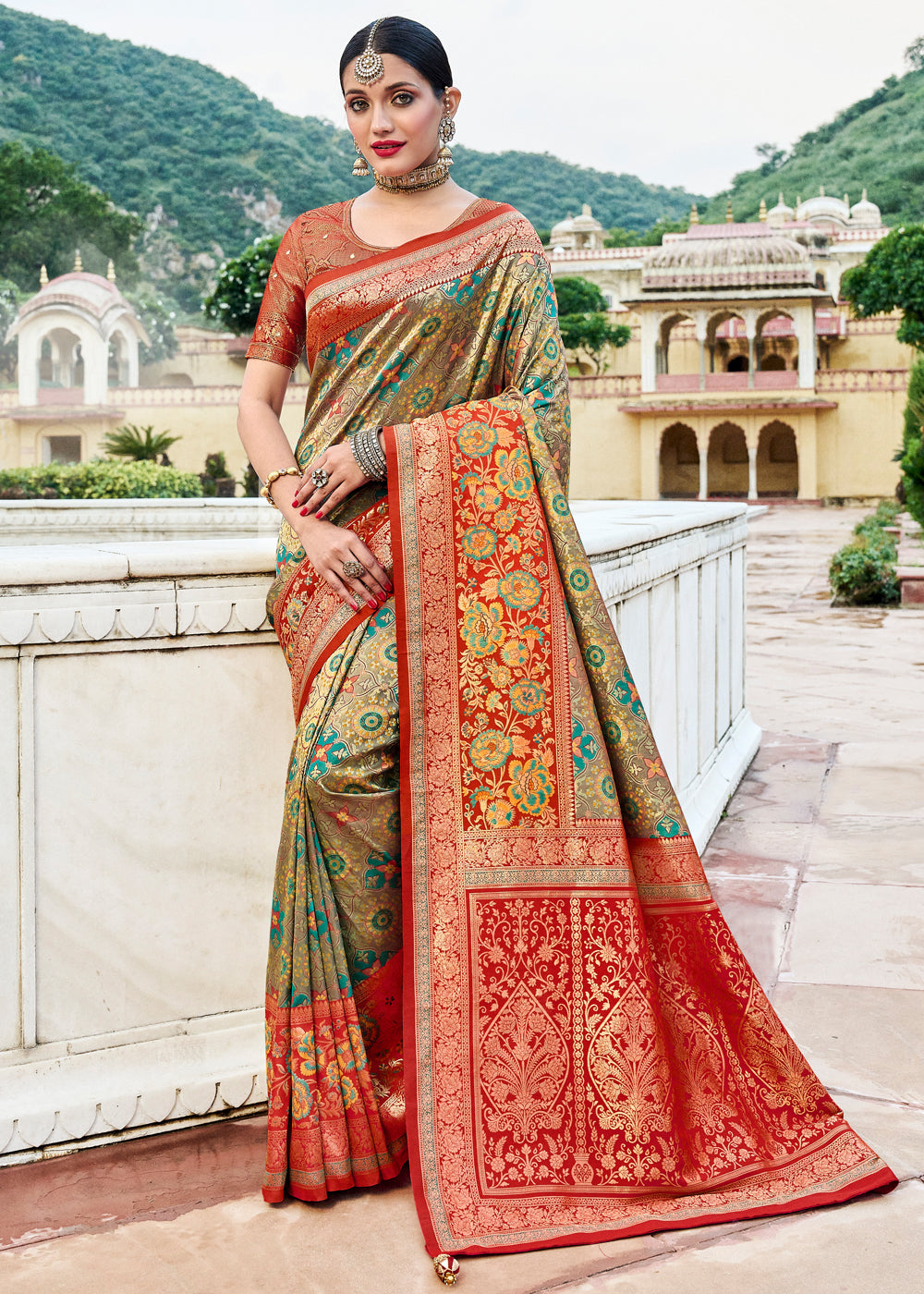 Sage Green and Red Designer Banarasi Saree