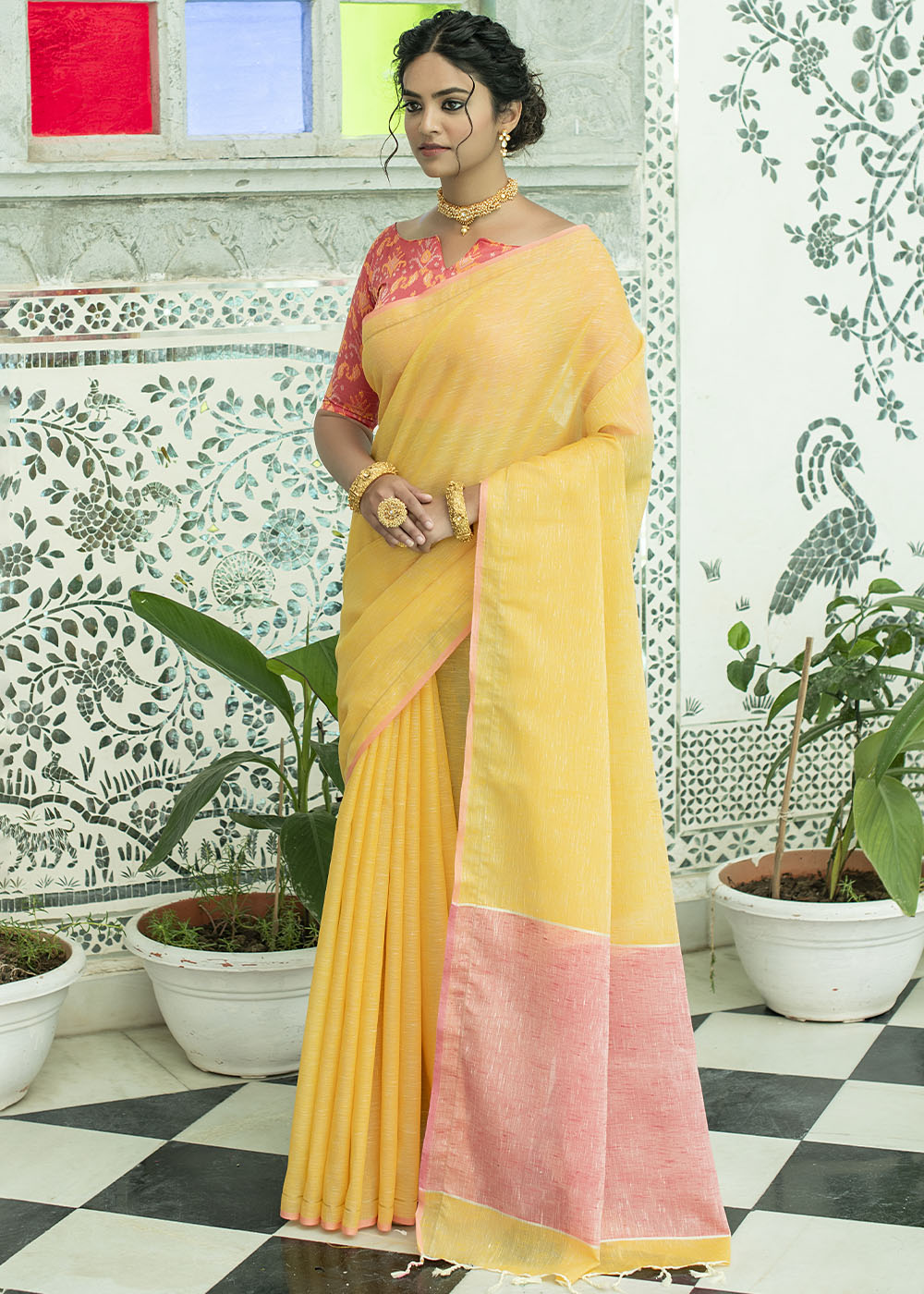 Shalimar Yellow Zari Woven Linen Saree