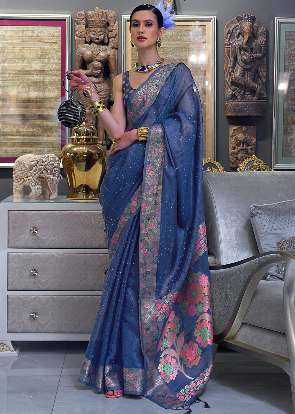 San Juan Blue Woven Dual Tone Organza Banarasi Silk Saree