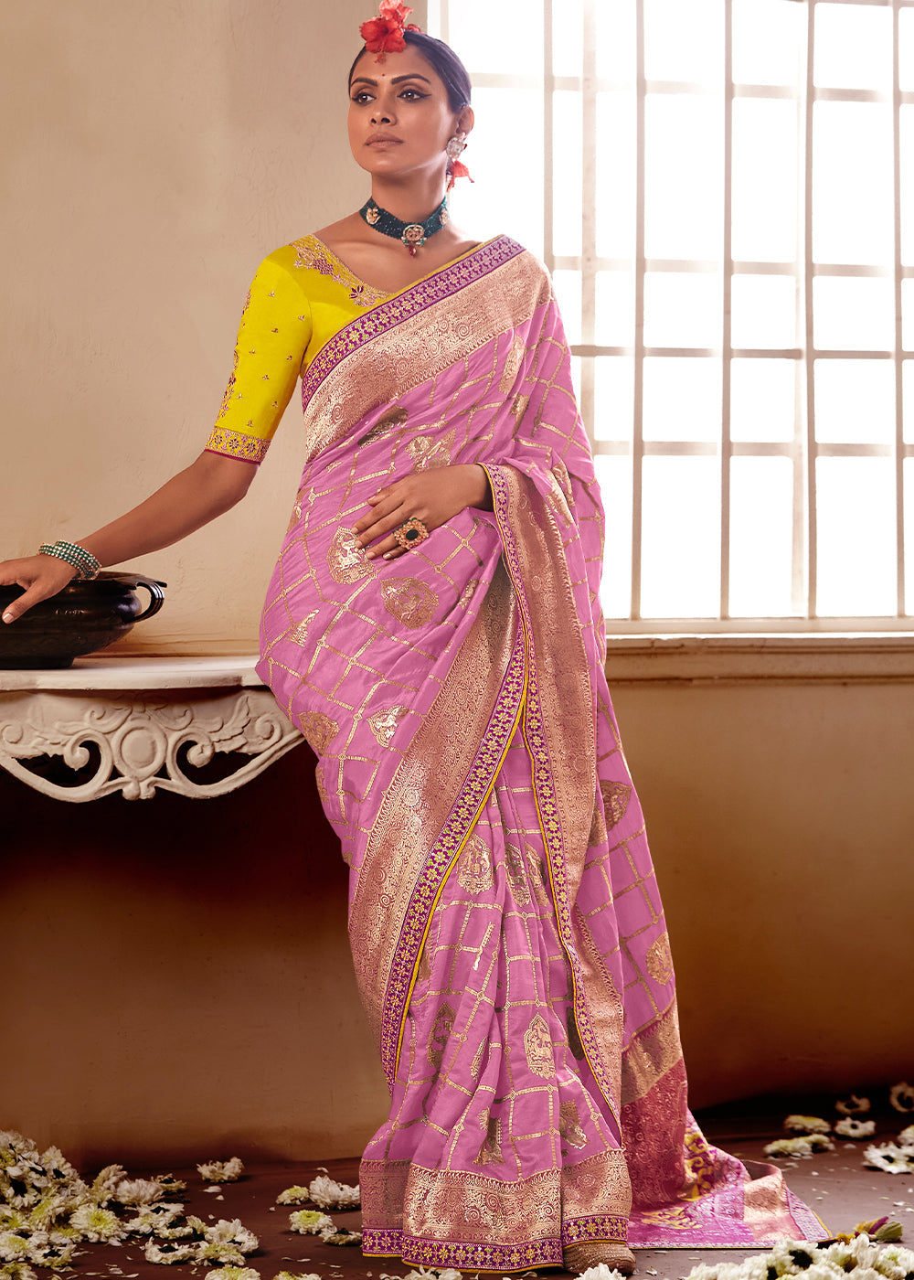 Hopbush Pink and Yellow Banarasi Saree with Designer Blouse