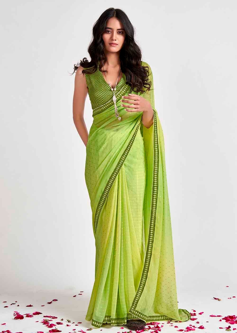 Celery Green Printed Georgette Saree